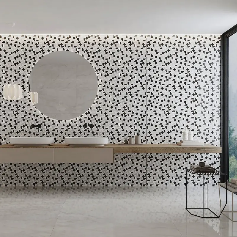 Ambiente con azulejos blanco y negro minimalista