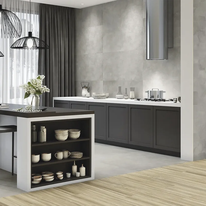 Estilo nórdico usando azulejo gris para cocina