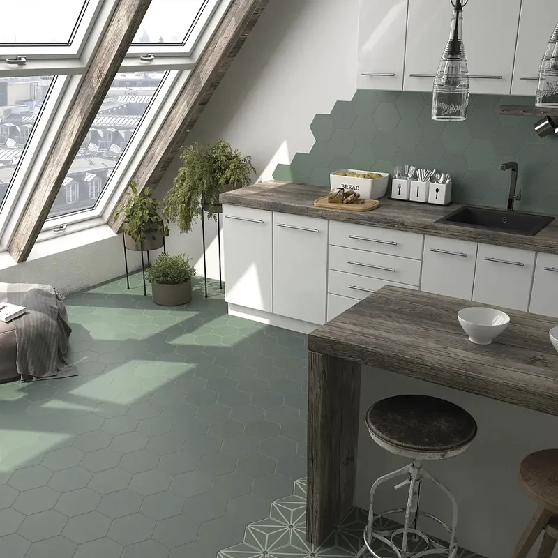 Área creada con azulejo hexagonal para cocina