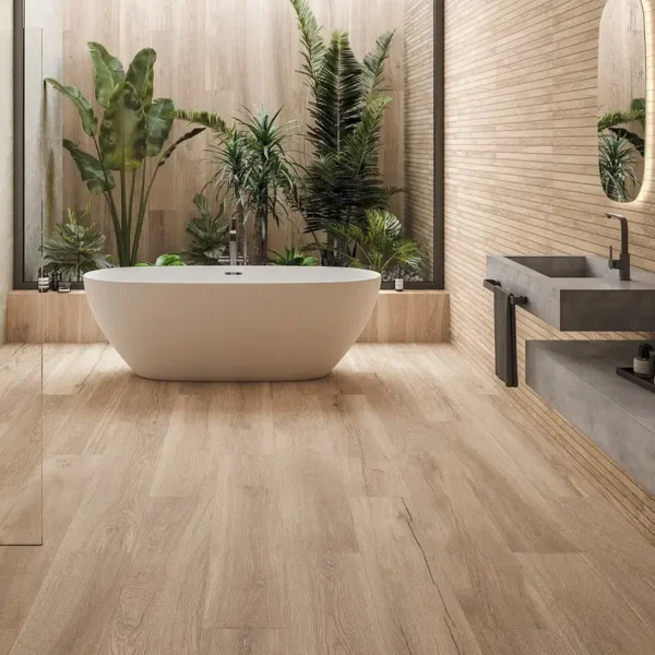 Azulejo color madera junto a una zona con vegetación natural