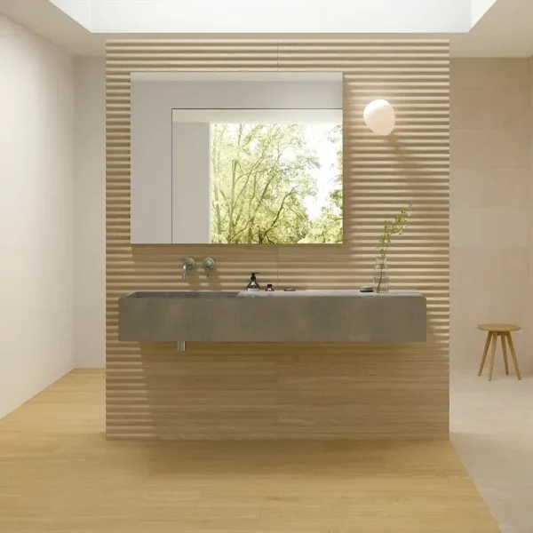 Zona de destaque con azulejo que imita madera