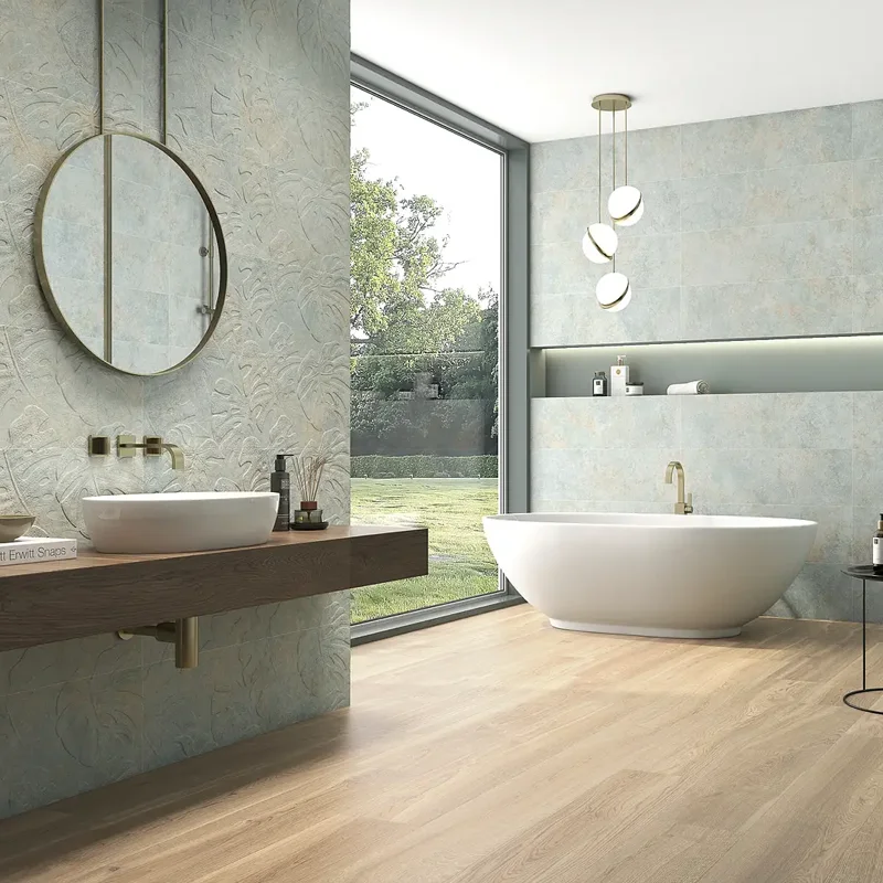 Espectaculares azulejos para cuarto de baño con ventana al exterior