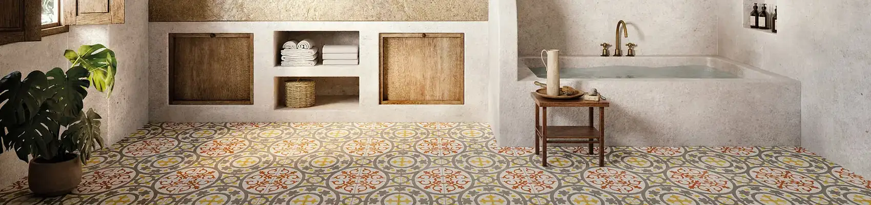 Azulejos hidráulicos en zona húmeda con patrones decorativos