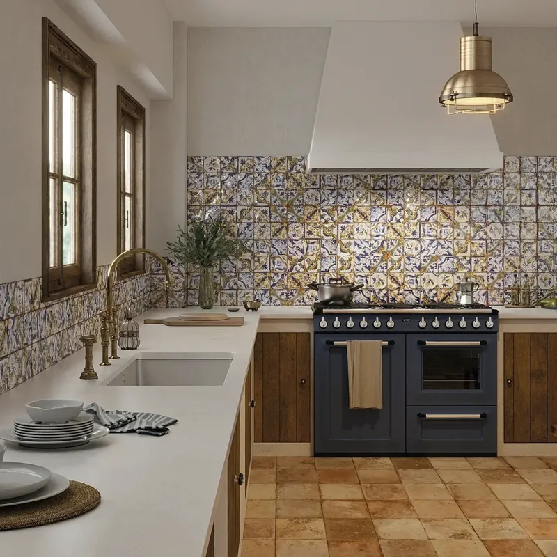 Ambiente rústico con azulejos para el suelo de la cocina