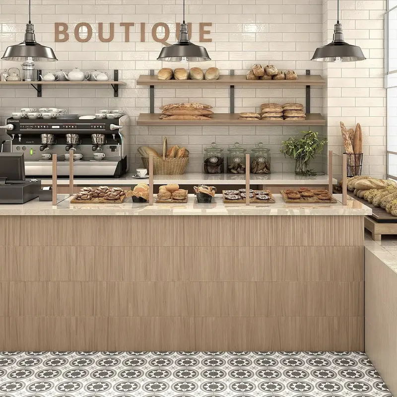 Suelo porcelánico en combinación con madera clara