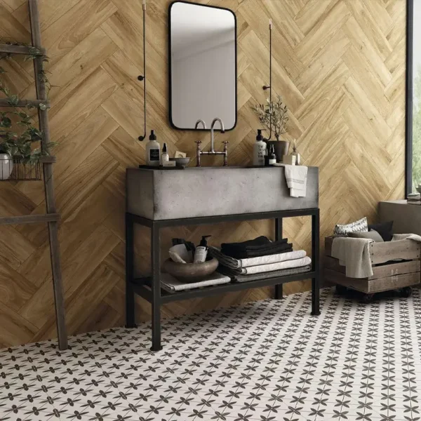 Azulejo tipo hidráulico combinado con materiales que imitan la naturaleza