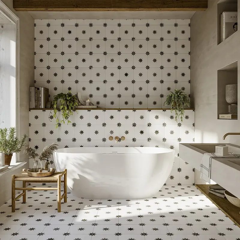 Superficie decorada con azulejo blanco y negro en contraste
