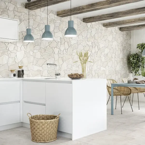 Conjunto visual completo con azulejo imitacion piedra bien integrado