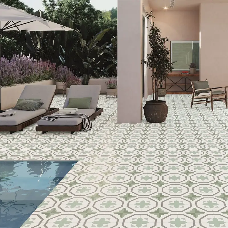 Área amplia revestida con azulejos en el suelo de tipo hidráulico