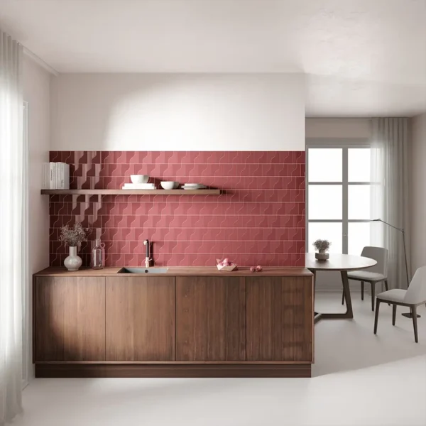 Espacio estilizado gracias a la incorporación de azulejo decorativo color rojo para cocina