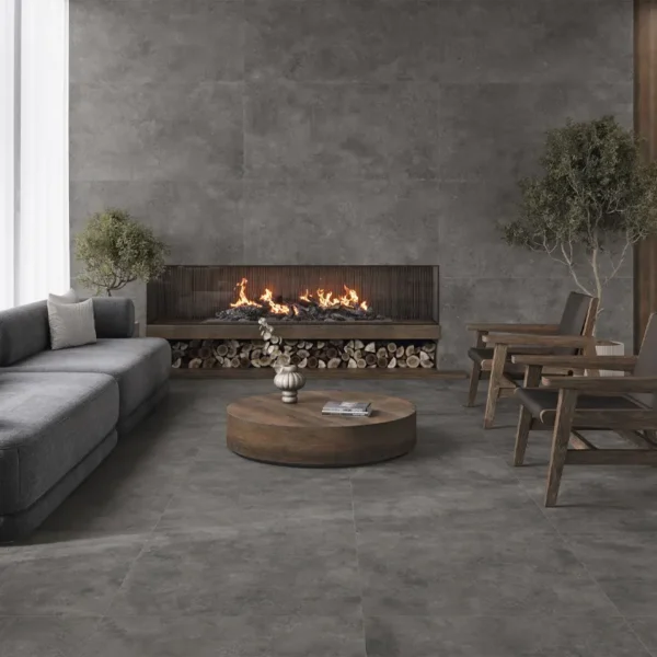 Pared de salón en porcelánico que aporta un aire moderno sin perder naturalidad