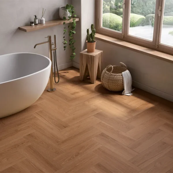 Ambiente sereno con baño que integra suelo efecto madera