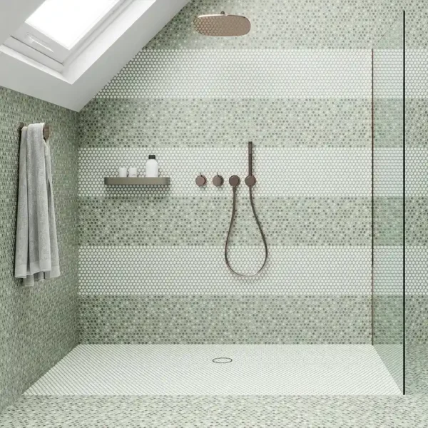 Fondo decorativo de inspiración geométrica conseguido con azulejo redondo