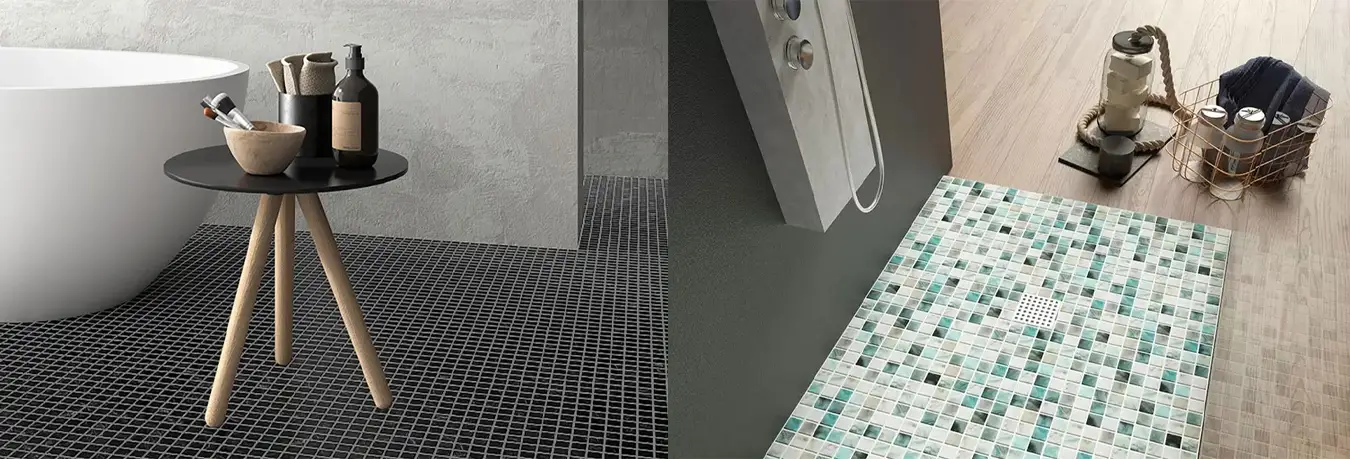 detalle de zona húmeda con gresite antideslizante de diseño moderno