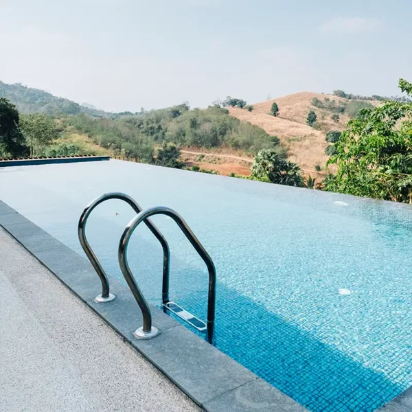 borde piscina en piedra natural que enmarca el vaso con carácter natural