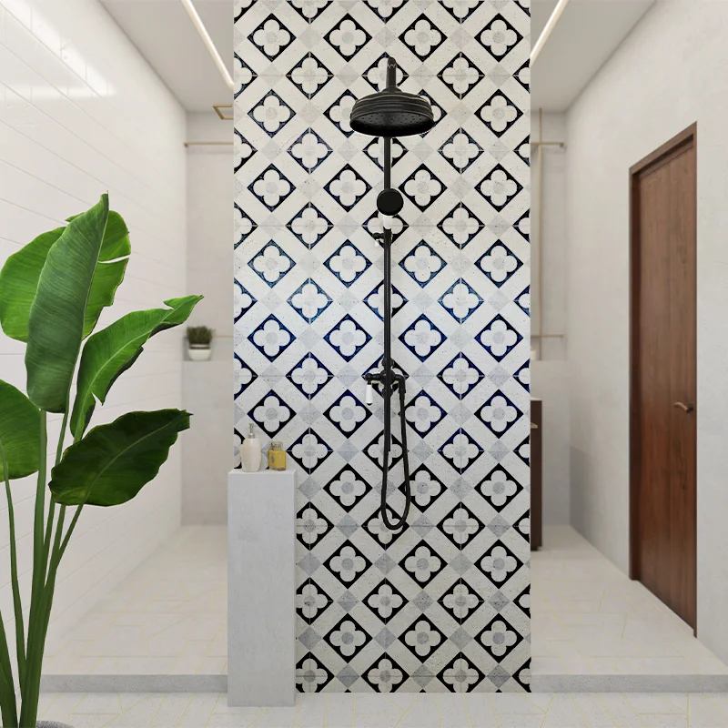 Superficie cubierta con azulejos hidráulicos para ducha de gran detalle