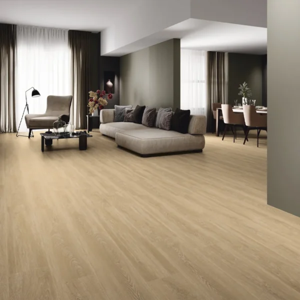 Acabado sofisticado y sin cortes visuales logrado con gres porcelánico gran formato